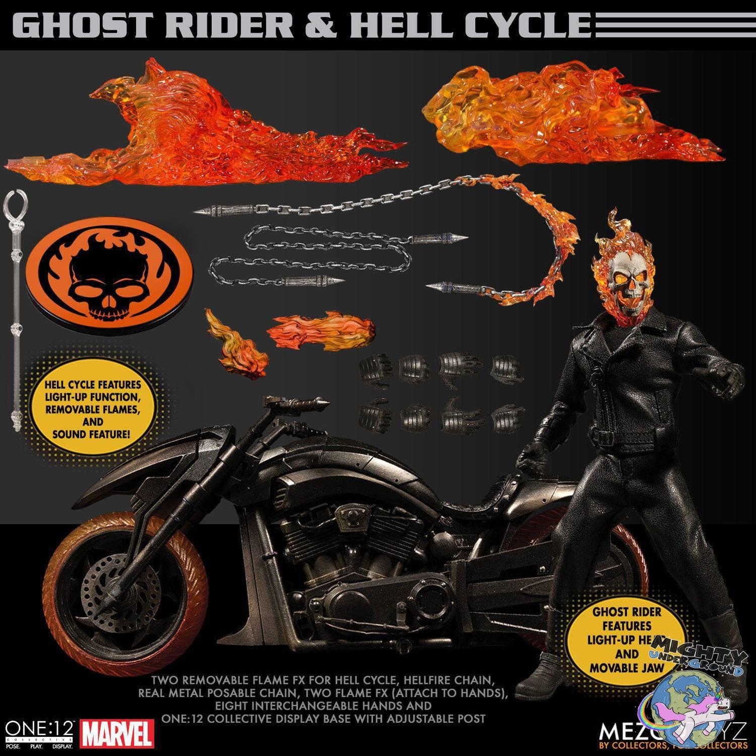 Marvel Universe: Ghost Rider & Hell Cycle - 1:12 VORBESTELLUNG!-Actionfiguren-Mezco Toys-Mighty Underground